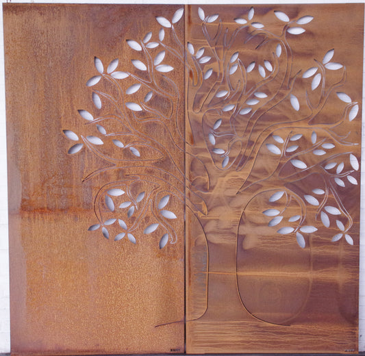 Cortenstaal Tuinscherm 90x180 cm - Boom Rechts Design met Bevestigingsranden - Duurzaam & Weerbestendig – Xidit